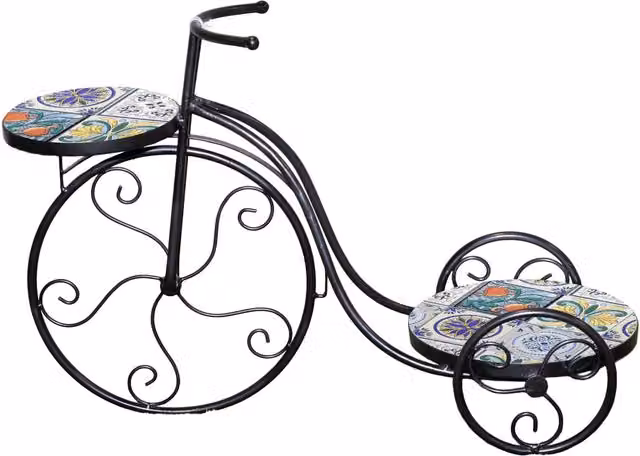 Shatchi Lisbon Mosaic Tricycle Planter with Multicolour Geometric Tile Seat and Black Metal Frame