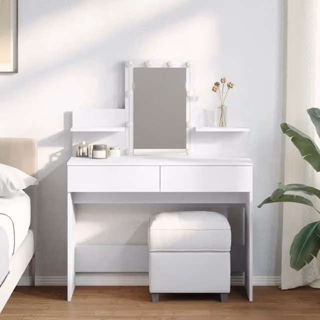 Berkfield Home Hollywood LED Dressing Table in White, W/D/H: 100 x 40 x 130 cm