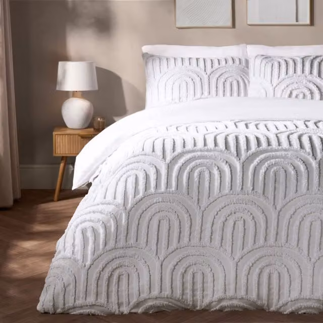 OHS Tufted Arches Bedding Set in White, including Duvet Cover and Pillowcase, Double Size (140 x 200 cm)