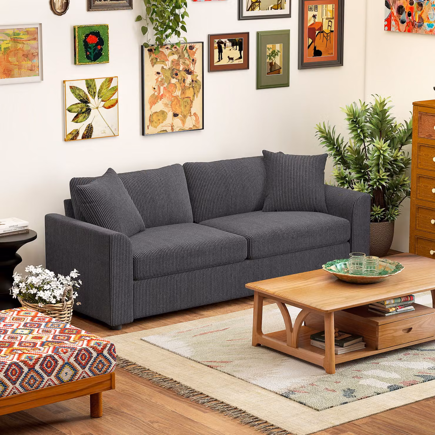 HOMCOM Modern 3 Seater Grey Fabric Jumbo Cord Sofa with 2 Scatter Cushions – 3
