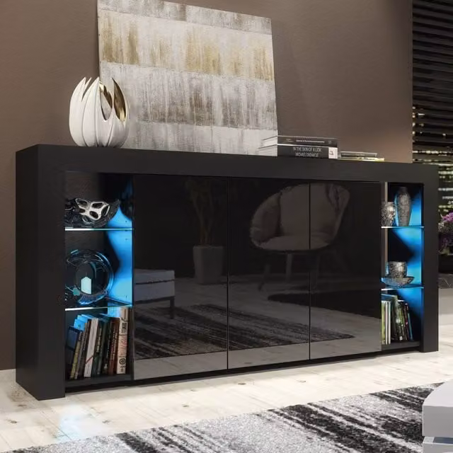 Mex Furniture LTD Eden Sideboard in Black with Glossy Doors and Integrated LED Lighting, W: 164 cm, H: 83 cm, D: 35 cm – 1
