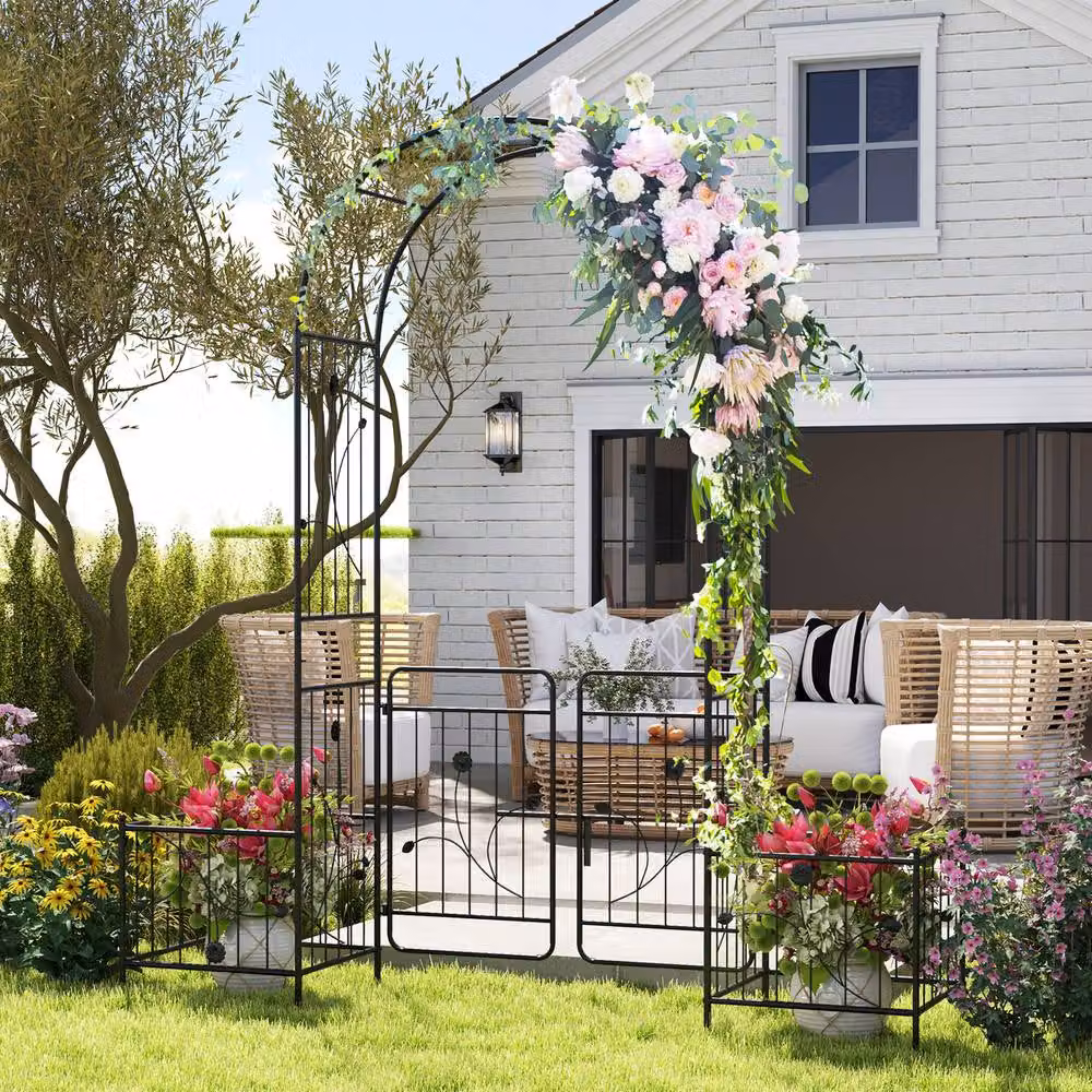Gymax Metal Garden Arbour Trellis with Lockable Gate and Side Planters, Black, H 220 x W 198 x D 50 cm – 6