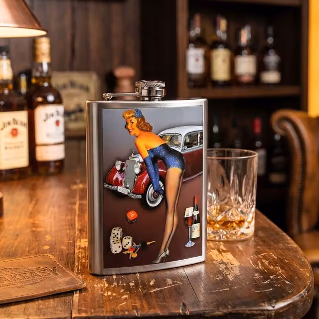 Orsina Vintage-Inspired Stainless Steel Hip Flask with Classic Pin-Up Print in Silver and Multicolour, 8oz – 2