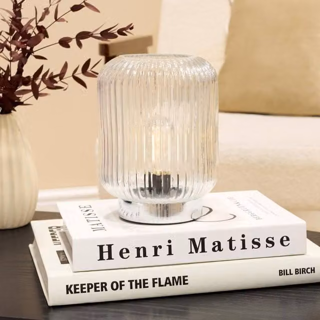 OHS Silver and Transparent Glass Cordless LED Table Lamp, Battery Operated Touch Control Night Light