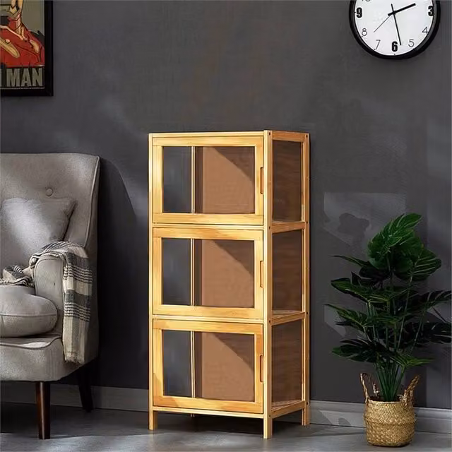 VOGREX 3-Tier Bamboo Display Shelf with Glass Doors in Brown – 1