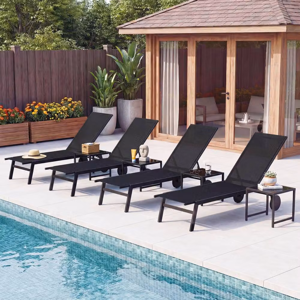 Costway Black Patio Chaise Lounge Set with Side Table and Reclining Textilene Chairs – 9