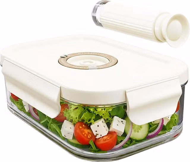 SPARES2GO Vacuum Food Storage Glass Container with Securing Clip Lid and Sealing Pump, 1.04 l, Transparent and White