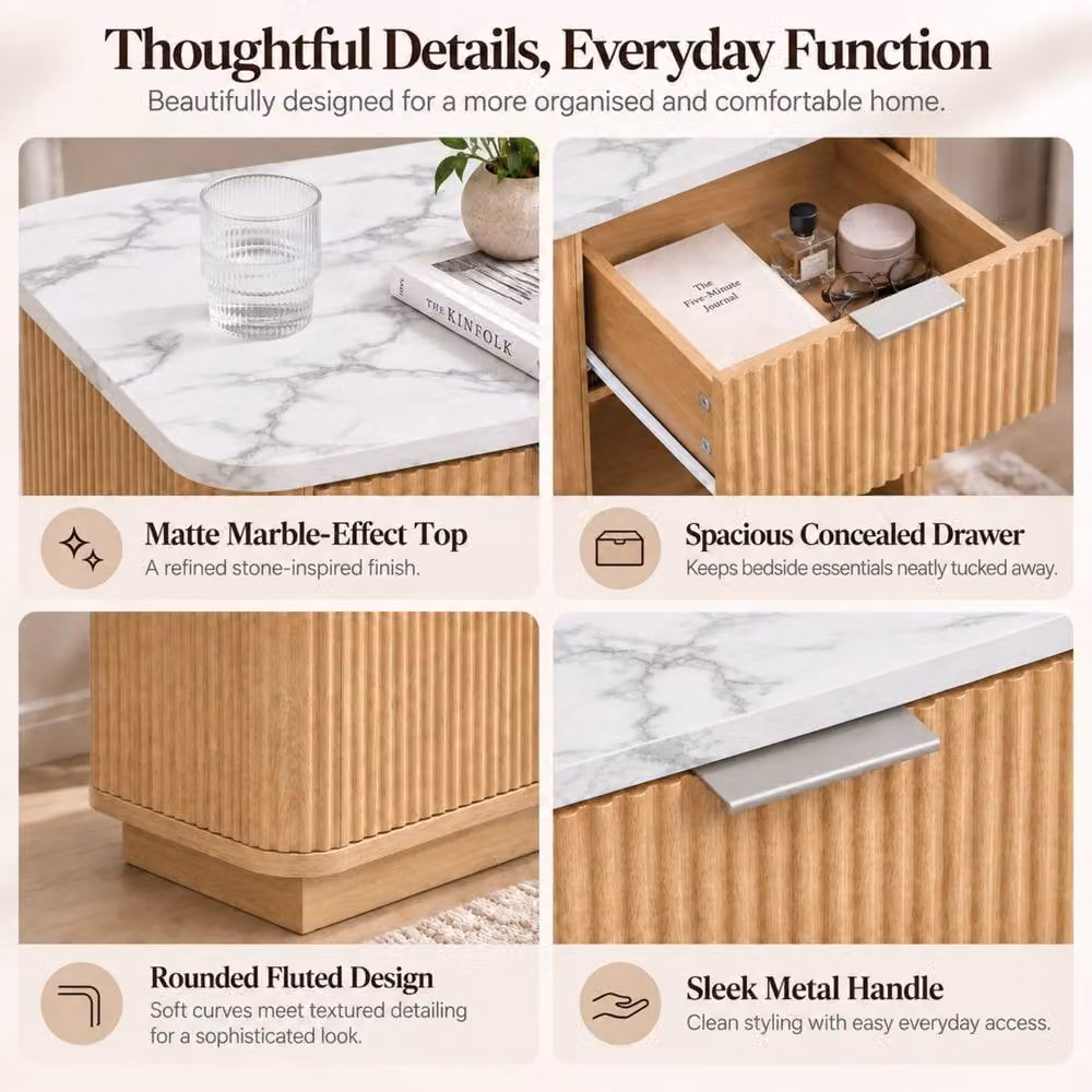 Merax Set of 2 Fluted Bedside Tables with Marble Effect Top Drawer and Open Shelf in Light Oak – 3