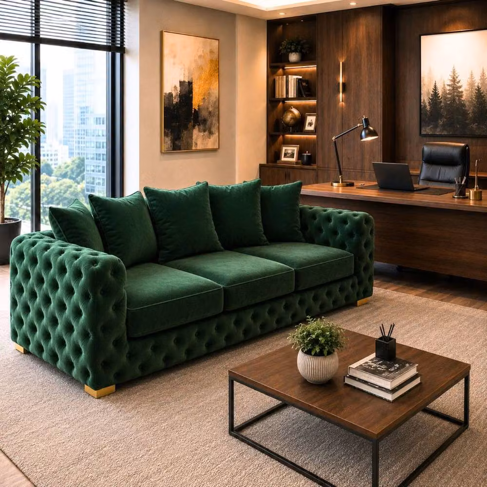 Stratus Interiors Ashley Luxe Chesterfield Scatter Back L-Shape Sofa in Dark Green Velvet – 3