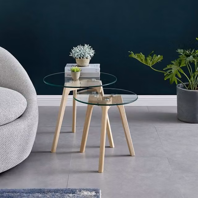 FurnitureboxUK Malmo Set of 2 Round Nested Side Tables with Beech Wood Legs and Transparent Glass Tops in Beige and Brown