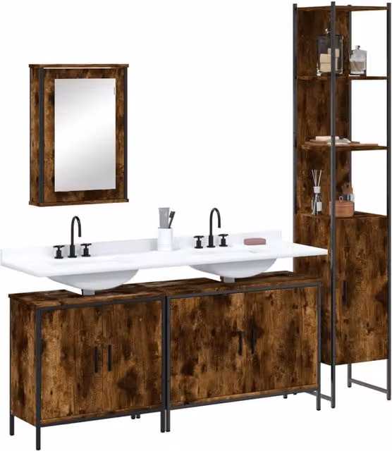 Berkfield Home 4 Piece Brown Smoked Oak Bathroom Furniture Set with Mirror Cabinet and Vanity Unit