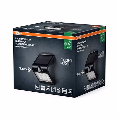 Osram Endura Solar LED Floodlight, Black, 1.5W, 200lm, with Motion and Dusk Sensors, IP65, 4000K Cool White – 2