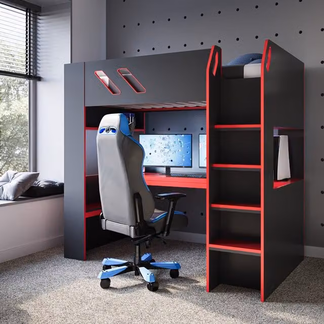 Recoil Orbit Gaming High Sleeper Bed in Black with Stairs and Steps