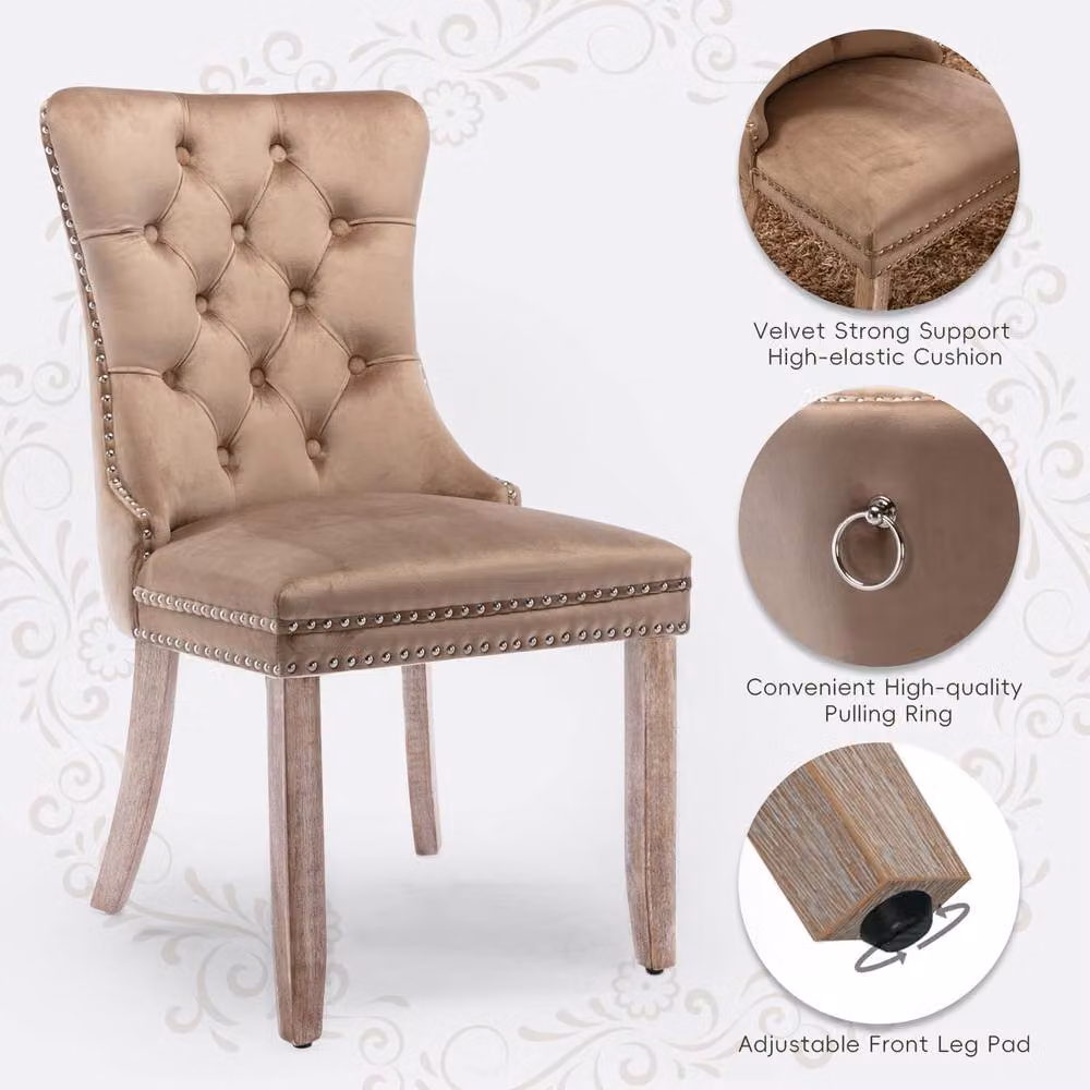 Modern Home Touch Romsey Set of 4 Brown Velvet Upholstered Dining Chairs with Oak Legs and Knocker Ring Back – 2