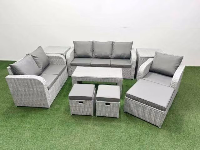 Fimous Patio 9 Seater Grey Rattan Outdoor Furniture Set with U-Shape Sofa, Coffee Table and Ottoman