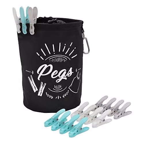 JVL Large Peg Bag with 144 Extra Strong Plastic Pegs in Black, Grey or White – 1