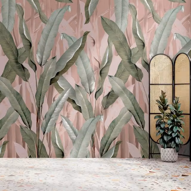 Superfresco Banana Leaf Pink and Green Tropical Botanical Mural, W: 300 cm, H: 280 cm