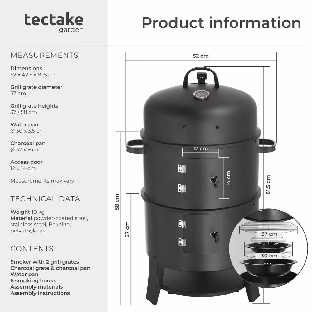 tectake Smoking Barrel 3-in-1 Charcoal Smoker with Thermometer and Air Vent, Black, W/D/H: 52.0 x 42.5 x 81.5 cm – 6