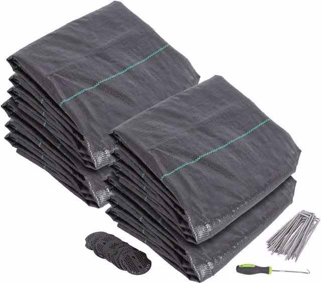 Harbour Housewares 110gsm Black Weed Control Membrane with Pegs, 4 Rolls, W: 2 m, L: 100 m