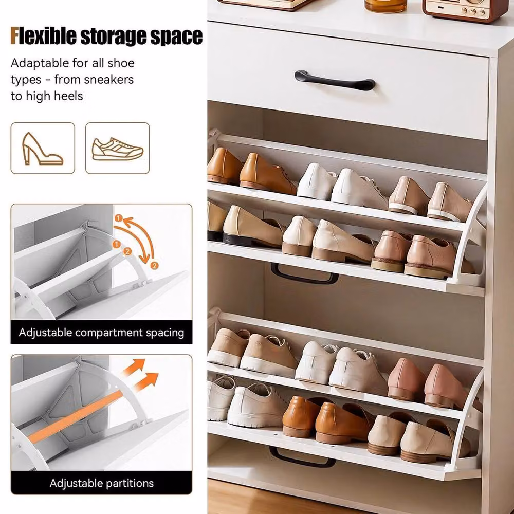 EONLION 4 Tier White Shoe Storage Cabinet with Tilting Compartments and Hinged Doors, W: 100 cm, H: 90 cm, D: 20 cm – 5