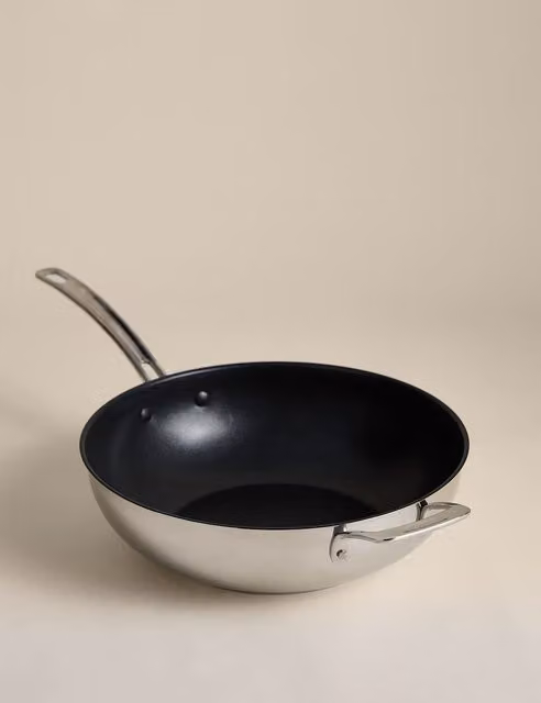 M&S Non-Stick Stainless Steel Wok, Silver, 30cm