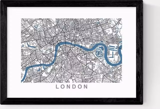East End Prints London City Map Framed Paper Poster in Black, White and Multicolour