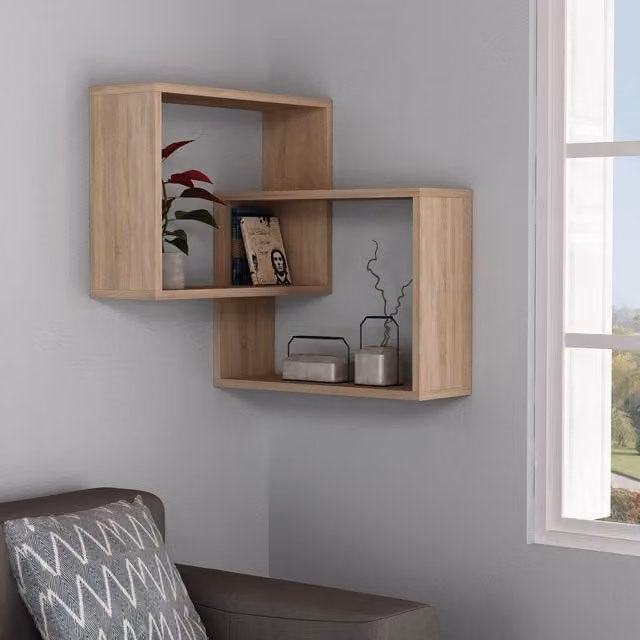 Decortie Ring Modern Corner Wall Mounted Bookcase Display Unit in Oak
