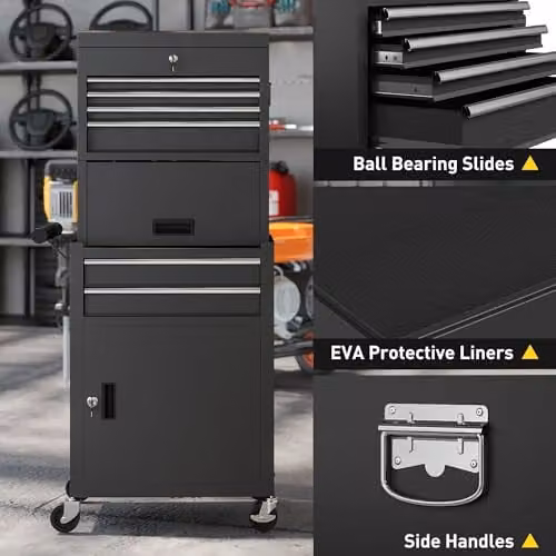 HOMCOM 3-in-1 Lockable and Rollable Steel Tool Cabinet with 6 Drawers and Pegboard, Black, W/D/H: 60.5 x 33.5 x 131.0 cm – 8