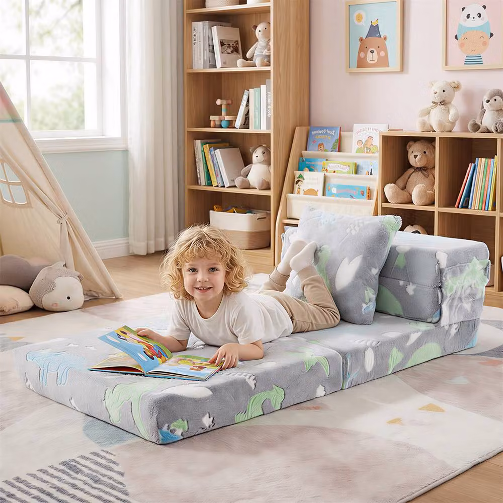 Costway Glow In the Dark 3-in-1 Fold Out Kids Sofa Bed with Zippered Covers, Grey – 2