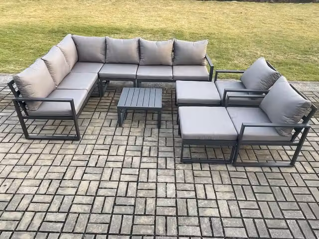 Fimous 10 Seater Outdoor Lounge Corner Sofa Set in Dark Grey with Powder Coated Aluminium Frame, Coffee Table, 2 Chairs and 2 Ottomans