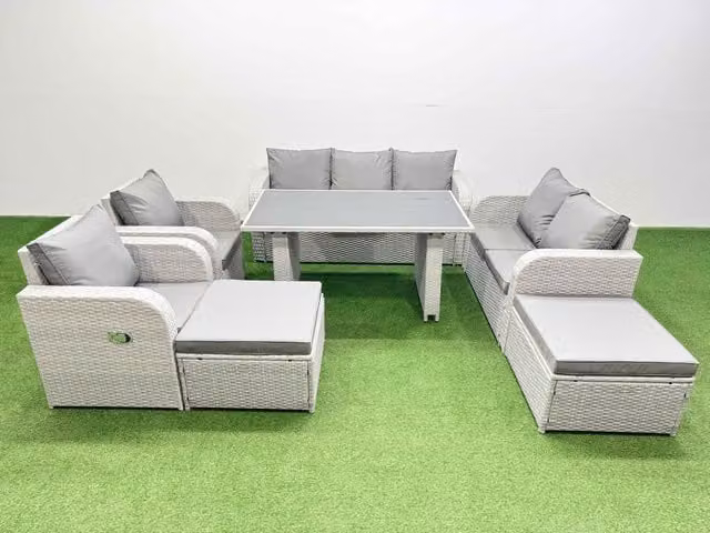 Fimous 9 Seater Garden Furniture Set with 2 Large Stools in Light Grey Rattan and Metal