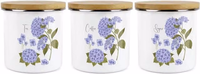 Purely Home Hydrangea Floral Tea, Coffee and Sugar Large Kitchen Canister Set of 3 in Purple and White