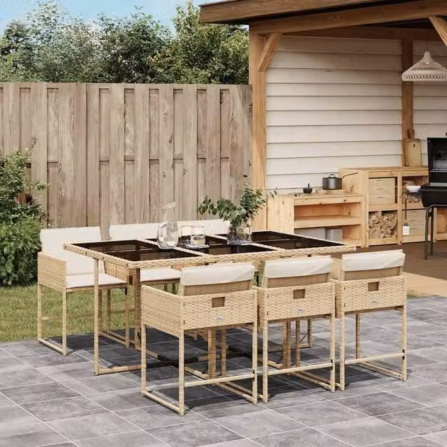 Berkfield Home Modern Polyrattan Garden Dining Set with Glass Top in Beige, White and Black – 1