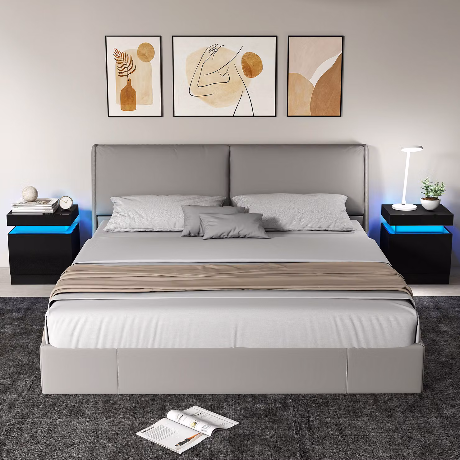 HOMCOM Set of 2 Black High Gloss Bedside Tables with Integrated LED Light and 2 Drawers – 2