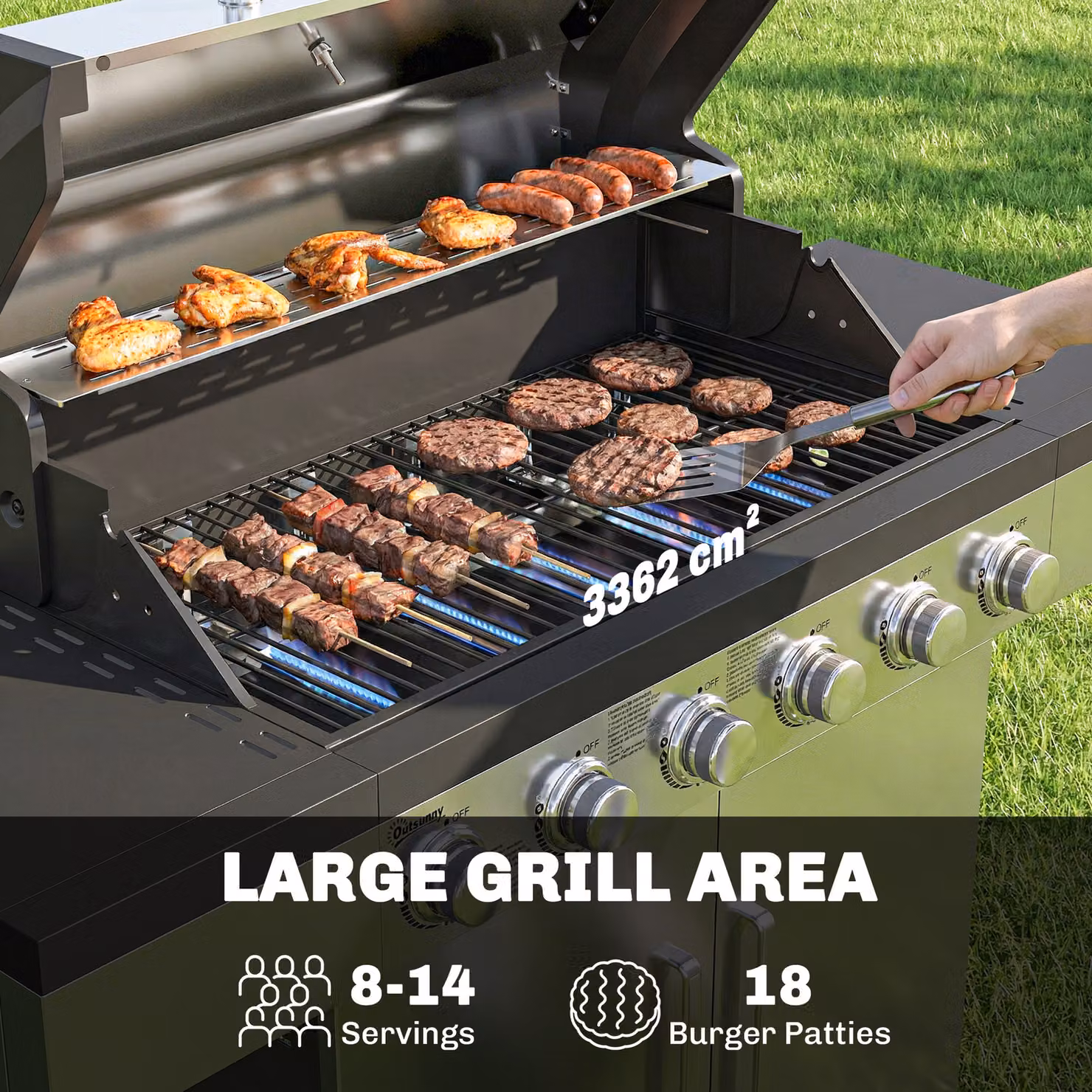Outsunny 6 Burner Liquid Propane Gas BBQ Grill with Warming Rack, Side Tables, Cabinet and Wheels – 4