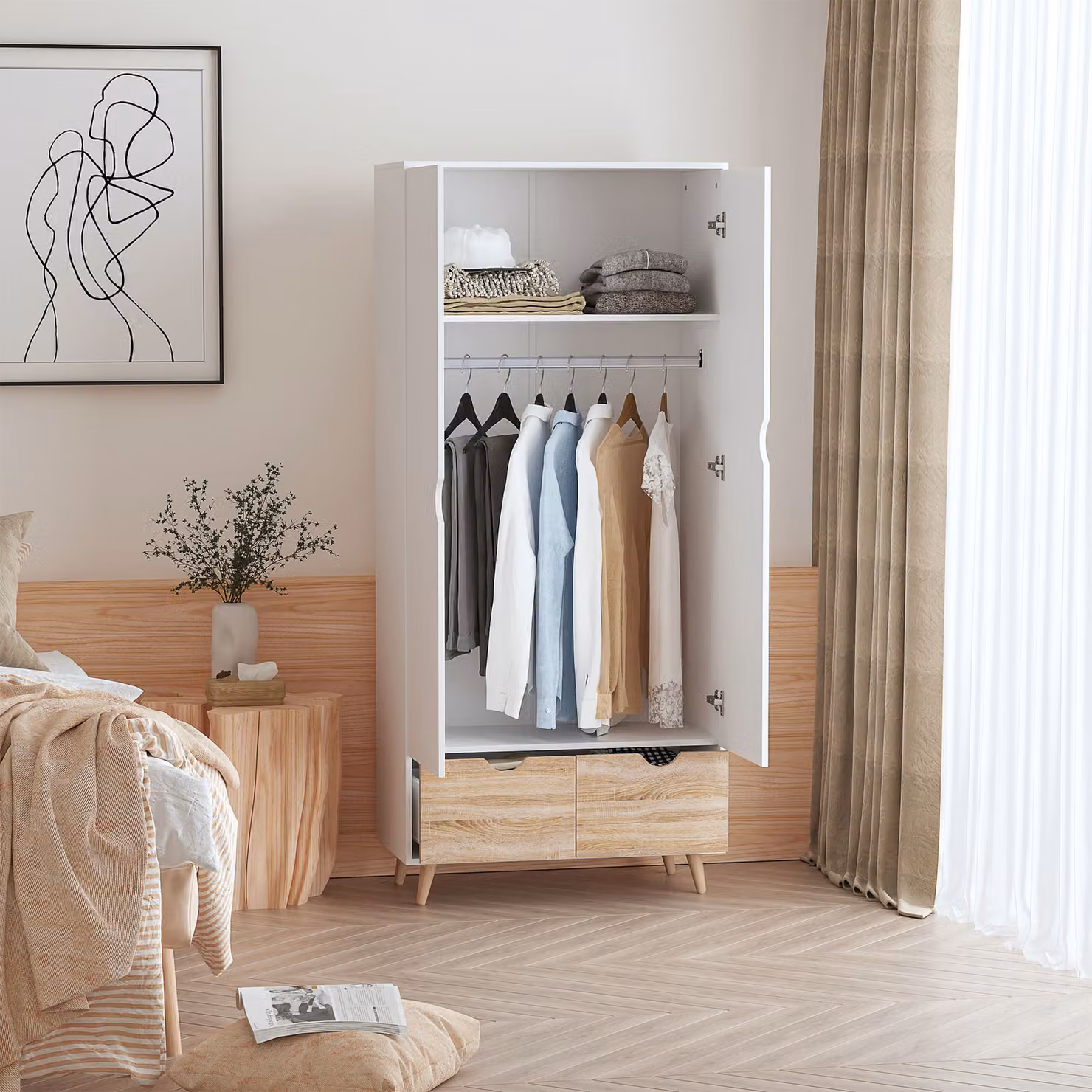 HOMCOM 2-Door White Clothes Wardrobe with Hanging Rail, Internal Shelves and 2 Drawers – 2
