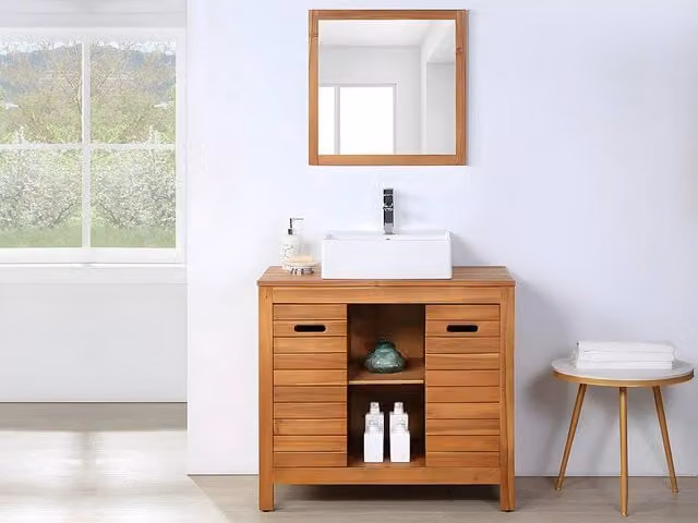 Vente-unique Acacia Wood Bathroom Vanity Unit with Single Basin and Mirror in Walnut, W: 90 cm, D: 50 cm, H: 83 cm – 1