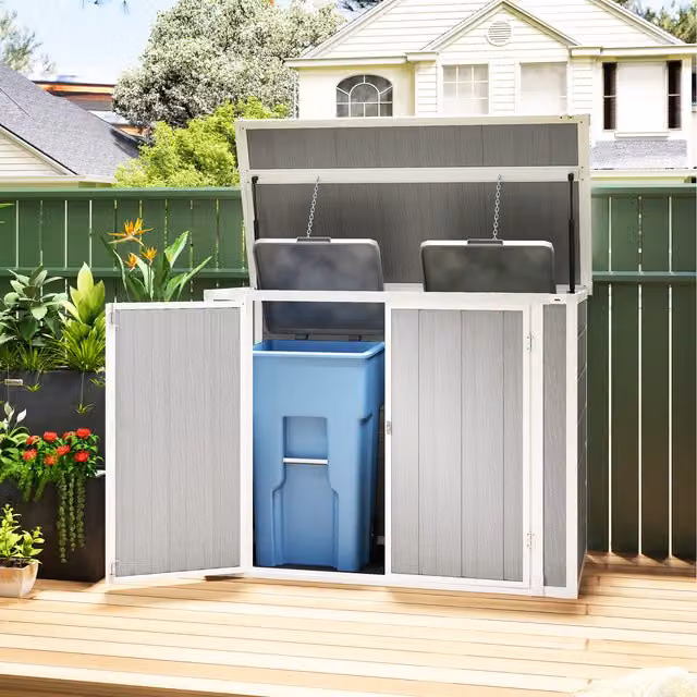 Outsunny Lockable Plastic Bin Store Garden Shed for Two Trash Cans, Light Grey