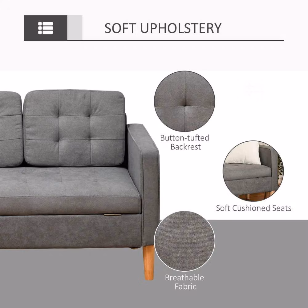 Wyld Haus Grey Fabric 3 Seater Sofa with Hidden Storage, Tufted Seat and Rubberwood Legs – 4