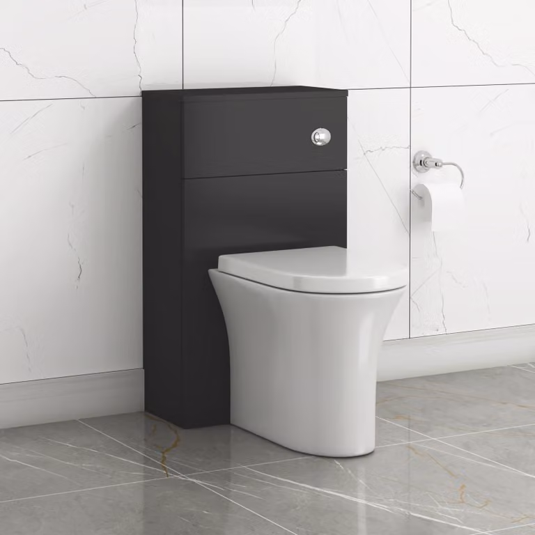 Royal Bathrooms Turin Wall Mounted Matt Black BTW WC Unit with Breeze Rimless Ceramic Toilet Pan, Seat and Cistern, Width: 50 cm