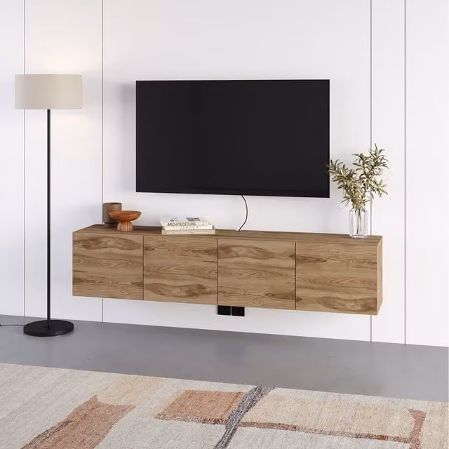 Decortie Daroca Wall Mounted TV Unit with 4 Hinged Doors in Brown Matt Finish