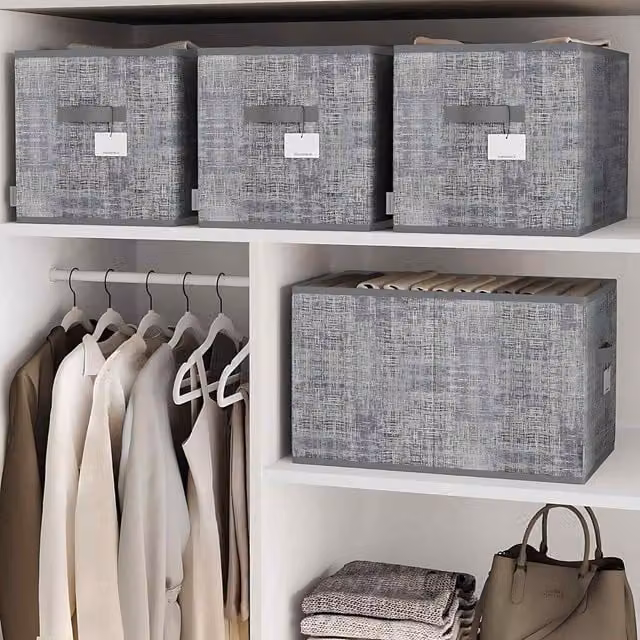 The Bazaarist Set of 3 Large Foldable Fabric Storage Baskets with Handles and Label Holders, Grey, W/D/H: 30 x 30 x 45 cm