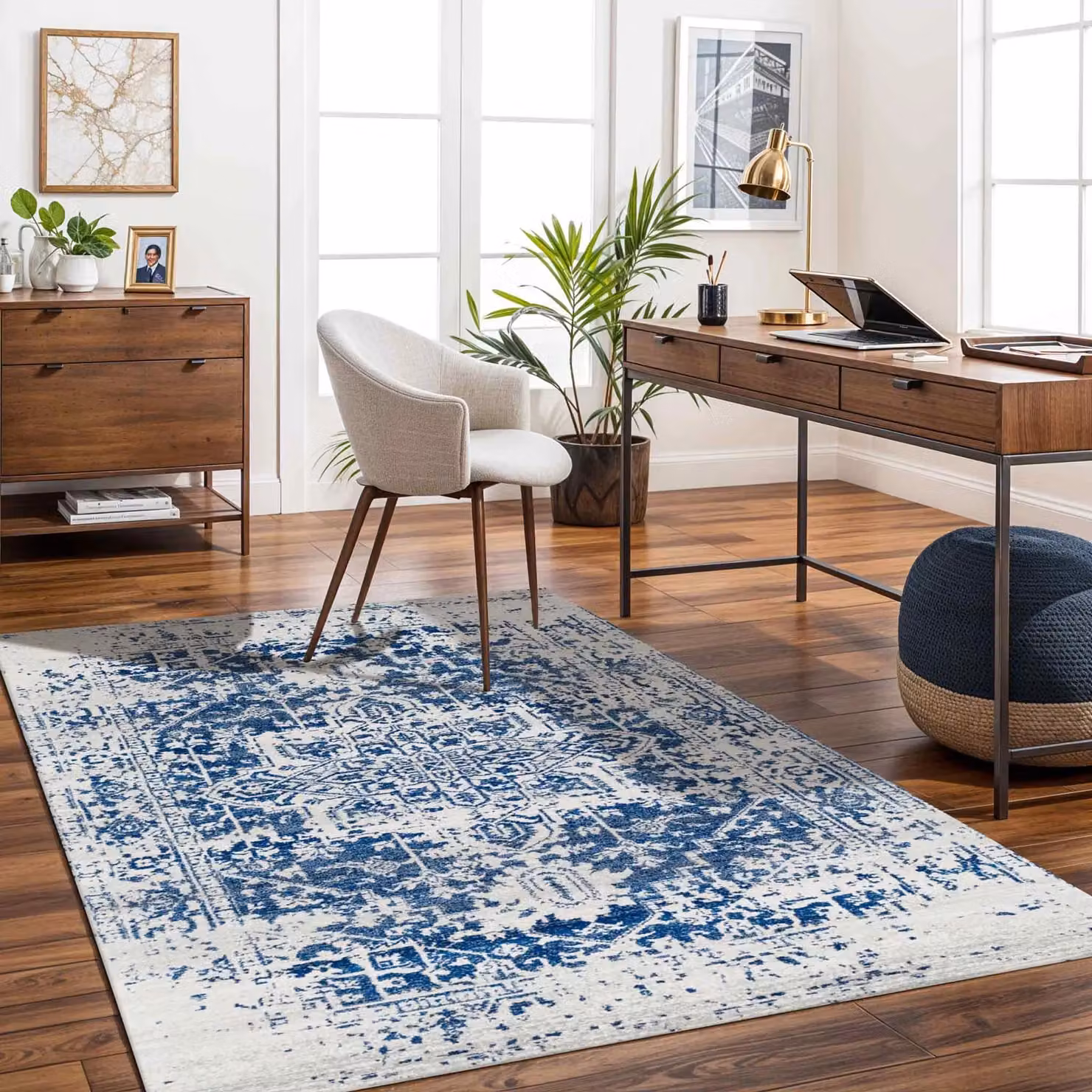 Livabliss Harput Vintage Round Boho Living Room Rug in Navy, Grey, Blue, Orange and White, Diameter: 160 cm – 6