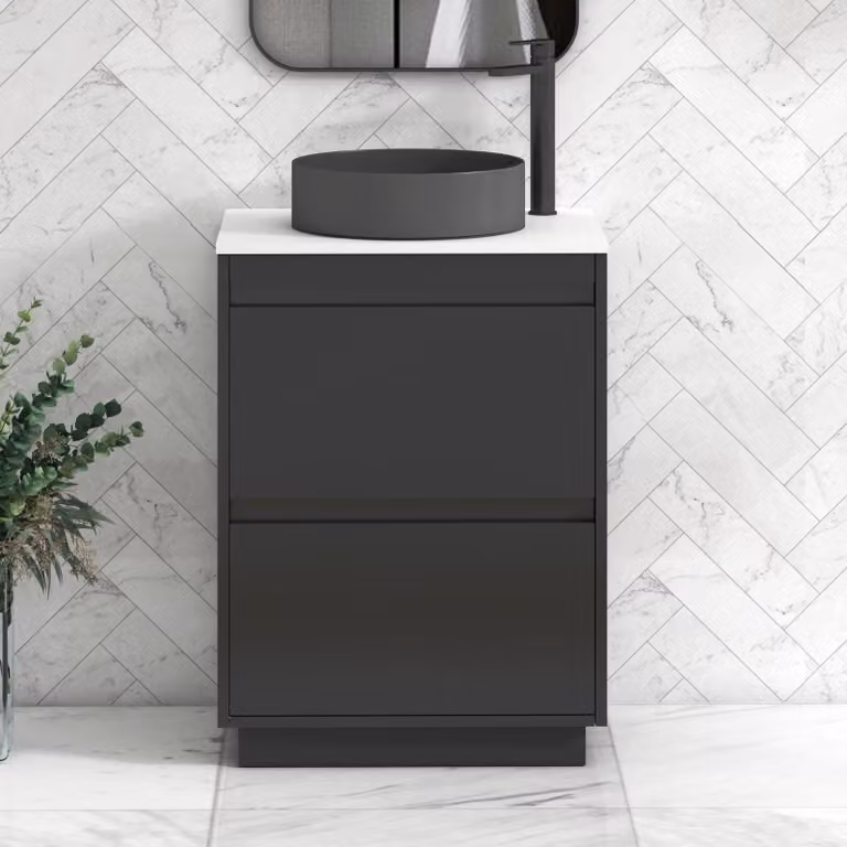 Royal Bathrooms Orion 600mm Matt Obsidian Black Floor Standing Vanity Unit with Plain White Countertop, 2 Drawers and Art Round Basin