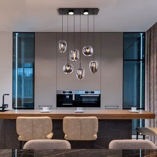 Globo Lighting Modern Suspended Pendant Light with 6 Smoke Glass Shades in Black and Grey, E14, Height Adjustable – 5