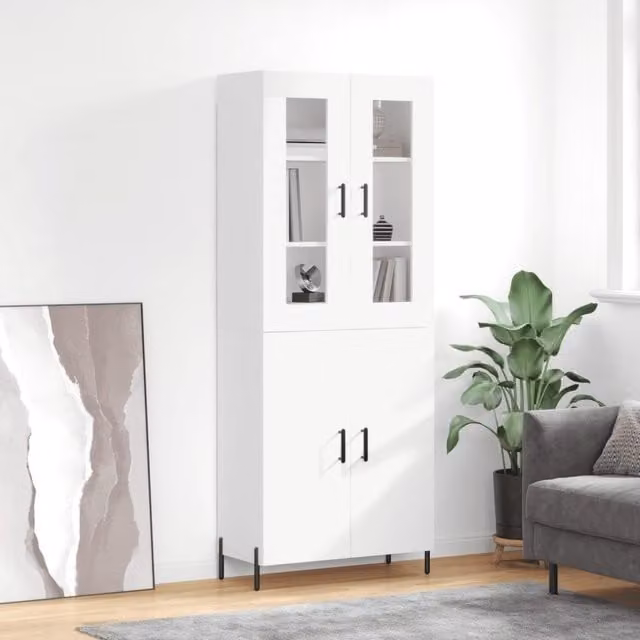 Berkfield Home White Modern Highboard with Glass Doors, W: 69.5 cm, D: 34 cm, H: 180 cm
