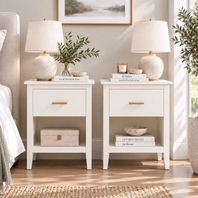 Merax Set of 2 Modern Style Bedside Tables with Drawer and Open Shelf in Cream