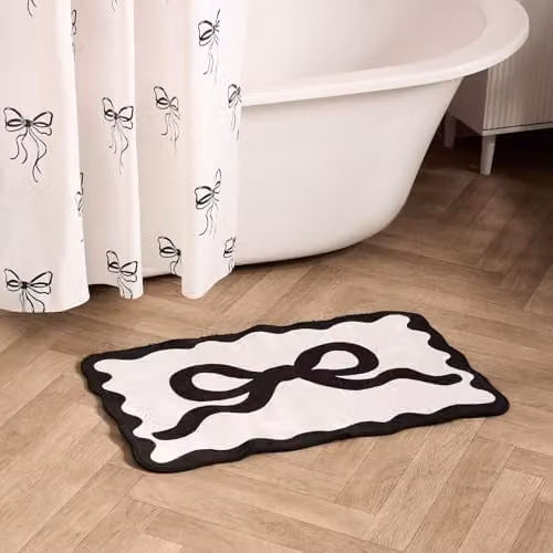 OHS Bow Velvet Bath Mat, Monochrome Black and White, W/D/H: 75 x 45 x 1 cm – 1