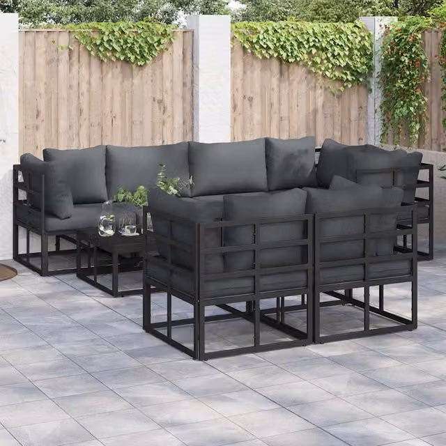 Berkfield Home 7 Piece L-Shape Garden Sofa Set with Cushions and Pillows in Black Powder Coated Aluminium