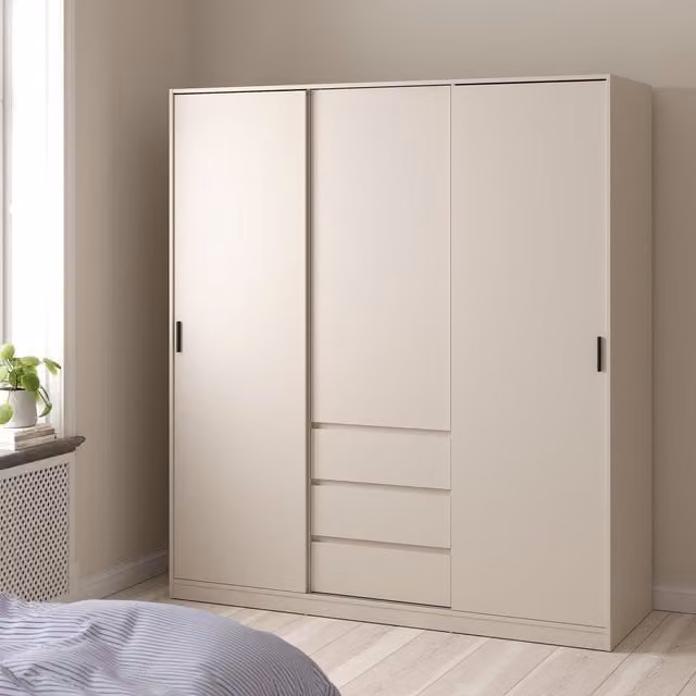 Furniture To Go Naia Modern Wardrobe in Cashmere with 2 Sliding Doors and 3 Integrated Drawers